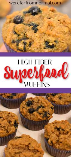 high fiber superfood muffins with blueberries in the middle and on top