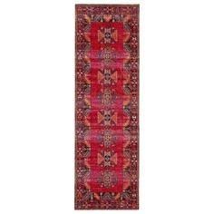 a red runner rug with an intricate design on the bottom and sides, in front of a white background