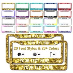 gold glitter name tags with the text your text here on them and an assortment of different colors