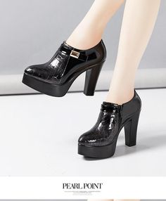 Shoe Type: Pumps Shoes, Ankle Boots Heel Type: Hoof Heels Material: Patent Leather With Platforms: Yes Style: Fashion Fashion Element: Platform Occasion: Office Outsole Material: Rubber Closure Type: Zip Gender: Women US Size Heel to Toe European Size 3 21.5 33 4 22 34 5 22.5 35 6 23 36 6.5 23.5 37 7.5 24 38 8.5 24.5 39 9 25 40 10 25.5 41 11 26 42 12 26.5 43 Thick Heel, Leather Shoes Woman, Thick Heels, Heels Shoes