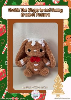 a crocheted bunny sitting in front of a green background with gingerbread bunnies