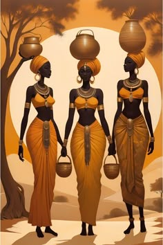 three african women with baskets on their heads are standing in front of an orange background