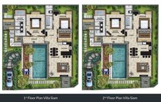 two floor plans for a house with swimming pool and hot tubs in the middle