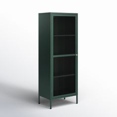 a tall green metal cabinet with three shelves