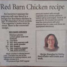 a newspaper article about red barn chicken recipe