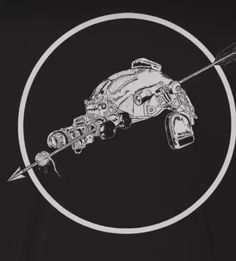 a black and white drawing of a space ship in a circle on a black background