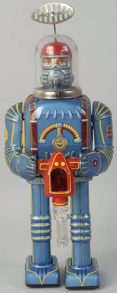 a blue and yellow robot toy with a glass dome on it's head