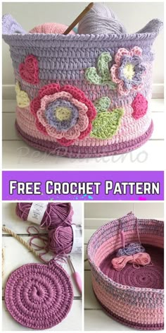 the crochet basket is made with yarn and has flowers on it, as well as