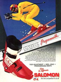 an advertisement for ski equipment with a skier in yellow and red on the bottom half