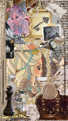 a collage with many different items and pictures on it's side, including an ornate