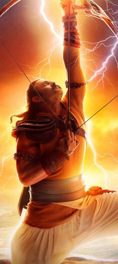 an image of a man holding a bow and arrow in the air with lightning behind him