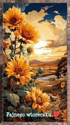 a painting of sunflowers with the sky in the background