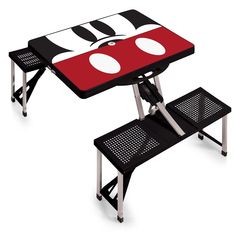 a black and red picnic table with two benches