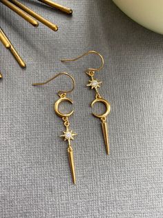 Mismatch Earrings, Star Earring, Moon And Star Earrings, Crescent Moon Earrings, Earring Collection, Mismatched Earrings, Gold Moon, Celestial Jewelry, Moon And Star