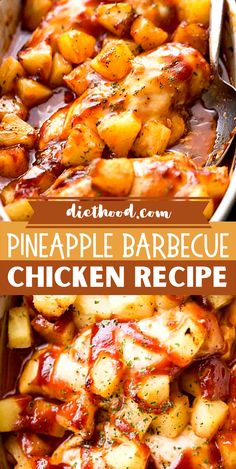 pineapple barbecue chicken recipe in a casserole dish with the title above it