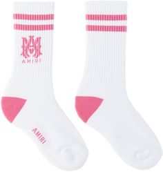 Pair of knit stretch cotton-blend socks in white. · Stripes at rib knit cuffs · Intarsia logo at side and sole · Machine-wash Supplier color: White/Pink Amiri Size : child's foot length S: 5.75 / 14.6 cm M: 6.5 / 16.5 cm L: 7.25 / 18.4 cm Winter Sporty Socks With Ribbed Cuffs, Sporty Winter Socks With Ribbed Cuffs, White Casual Socks With Ribbed Cuffs, Casual White Socks With Ribbed Cuffs, Sporty Spring Streetwear Socks, Sporty Pink Cotton Socks, Fendi Socks, Amiri Shoes, Outfit Pieces