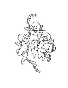 a black and white drawing of an angel carrying two children