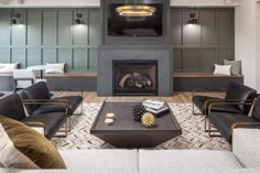 a living room filled with furniture and a fire place in front of a flat screen tv