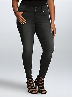 <p>Our comfy-all-day-long jegging fit gears up for some rock 'n' roll antics with a black wash. Super-skinny through the ankle, the three-button higher rise waist smooths your tummy. Hand-sanded fading lends a distressed touch.</p>  <ul> 	<li style="LIST-STYLE-POSITION: outside !important; LIST-STYLE-TYPE: disc !important">Higher-rise</li><li style="LIST-STYLE-POSITION: outside !important; LIST-STYLE-TYPE: disc !important">Size 18: 11” leg opening</li> 	<li style="LIST-STYLE-POSITION: ... Popular Jeans, Dead Of Night, Grey Wash, Teen Vogue, Plus Size Jeans, Dark Fashion, Jeans Brands, Women Style, Pocket Design