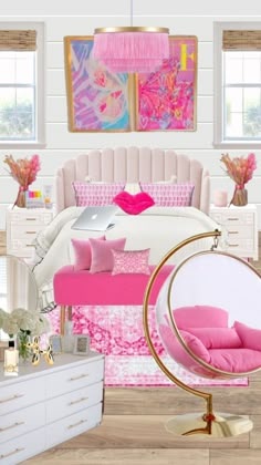 a dog is standing in front of a bed with pink and white decor on it