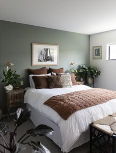 a bedroom with a bed, plant and pictures on the wall