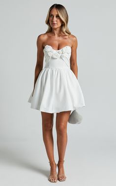 Angeletta Mini Dress - Sweetheart Rosette Detail Fit & Flare in White | Showpo White Wedding Dresses Short, White Cotillion Dresses Debutante, Short White Grad Dress, Grad Dresses Short White, White Mini Dress Wedding, White Short Dress Elegant, Short Grad Dress, Flare Dress Outfit, White Grad Dress