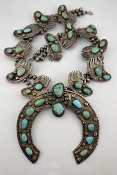 MASSIVE 513.5g Navajo Sterling Turquoise Bear Claw Squash Blossom Necklace 27.5" | eBay Turquoise Squash Necklace, Western Turquoise Jewelry With Patina, Bear Claw, Bear Claws, Squash Blossom Necklace, Squash Blossom, Southwestern Style, American Jewelry, Native American Jewelry