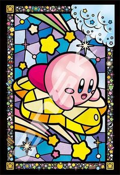 an image of a cartoon character with stars and rainbows in the background, on a stained glass panel