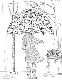 a girl holding an umbrella in the rain with flowers and a vase behind her coloring page