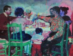 Painting of a family of people around a table making a toast. At the table sit 5 people raising their glasses. There is a small child standing by the legs of one of the seated adults. Everyone in the painting facing away from the viewer of has their face covered. Alex Beck, Art Studies, Pics Art, Art Portfolio, Art Plastique, Figure Painting, Figurative Art