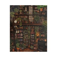 a painting of a bookshelf filled with lots of plants