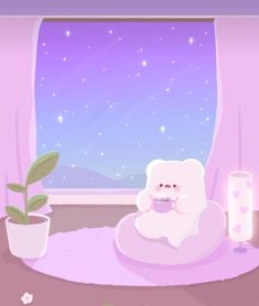 a white teddy bear sitting on top of a pink chair in front of a window