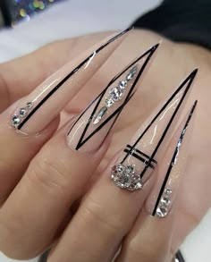 Black And White Nail, Stilleto Nails Designs, Black And White Nail Art, Nails Design With Rhinestones, Stiletto Nails Designs, White Nail Art, Dope Nail Designs, White Nail, Bling Acrylic Nails