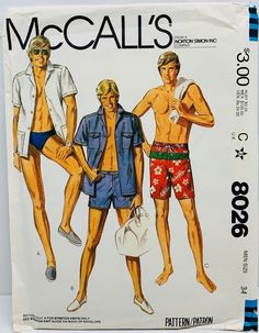 Suit Sewing Patterns, Mccalls Patterns Vintage, Pool Outfits, Retro Sewing Patterns, 80s Men, Mens Bathing Suits, Bathing Suit Shorts, Swimsuit Pattern, Vintage Swimsuit