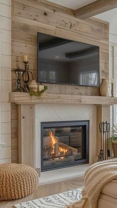 a living room with a fire place and television