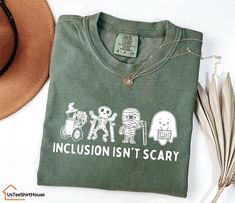 Comfort Colors® Inclusion Isn't Scary Halloween Shirt, SLP Halloween Shirt, Halloween Sped Teacher Tee, Inclusion Awareness Shirt, Teacher Tee -Sizing and Color Guidelines- We use Comfort Colors Heavyweight brands t-shirts for all the listings where you see Comfort Colors in the title. The shirts are Unisex size. They are meant to be loose-fitting, so ordering one size smaller is recommended if you want a tighter fit. Each of our shirts is meticulously crafted to your specifications, making retu Sped Teacher Shirts, Aesthetic Therapy, Couple Disney, Speech Therapy Shirts, Sped Teacher, Funny Teacher, Teacher Tees, Family Christmas Shirts, Awareness Shirt