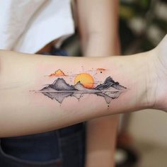 Premium Atmosphere Tattoo Files Fire Arm Band Tattoo, Simple Nature Tattoos Men, Little Mountain Tattoo, Nature Fine Line Tattoo, Atmosphere Tattoo, Sky Tattoo, Tattoo Mountain, Sunrise Tattoo, Sky Tattoos