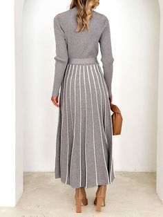 Color Block Regular Fit Elegant Sweater Dress With Belt | stylewe Leopard Maxi Dress, Fashion Black And White, Dress Name, Belted Sweater, Pullover Mode, Sweater Maxi Dress, Elegant Sweater, Grey Midi Dress, Daytime Dresses