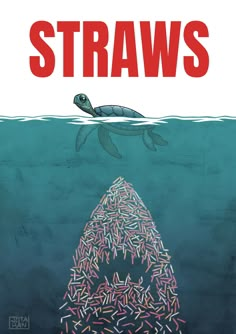 a turtle swimming in the ocean next to a pyramid of straws