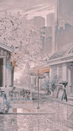 a digital painting of a city street with trees and flowers in the foreground, on a rainy day