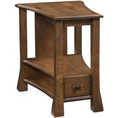 a wooden end table with drawers on the bottom and one drawer in the middle, against a white background