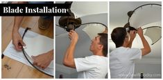 three pictures showing how to install a ceiling fan