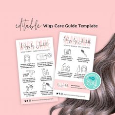 "Editable Wig Care Card Template You can edit the text, change fonts, edit icon colors, edit background, add your logo etc Edit your item online at Corjl.com right after purchasing. No need to download any software or fonts. Personalize this item right in your browser using your computer, or make basic text edits using your phone or mobile device. No waiting! You'll receive an access link to your item minutes after purchasing. This wig care card template is 3.5\" x 2\" (the same size as a standa Synthetic Wig Care, Wig Tips, Icon Colors, Edit Background, Wig Care, Hair Business, Natural Wigs, Wig Stand, Adding And Subtracting