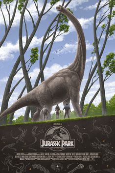 an artist's rendering of a dinosaur in the forest with people standing around it