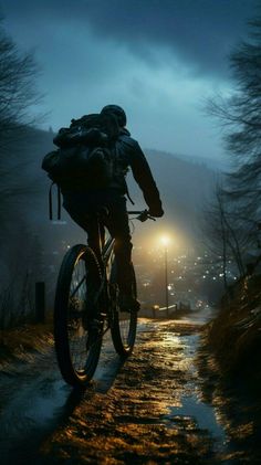 a man riding a bike down a snow covered road at night with a backpack on his back