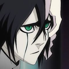 an anime character with green eyes and black hair