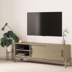 a flat screen tv mounted to the side of a wooden entertainment center next to a potted plant