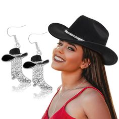 PRICES MAY VARY. Cowgirl Hats and Earrings Set: You will receive 2pcs cowboy accessories, including 1pc classic black cowboy hat with rhinestone Band, soft to touch, breathable design, which provide some comfort during wear; 1 pair western earrings full of rhinestone, didn't cause any irritation, shiny and grab attention. They are fashionable and fit great, will go with anything and allow for some aesthetically pleasing photos. Premium Quality Materials: The cowgirl hat is made of quality polyes Rhinestone Cowgirl Boots, Cowboy Accessories, Pleasing Photos, Rodeo Outfit, Black Cowboy Hat, Rhinestone Cowgirl, Carnival Themed Party, Jazz Hat, Earring Kit