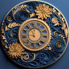 an intricately designed clock with flowers and swirls on it's face against a blue background