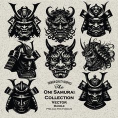 the samurai collection includes masks, helmets and other decorative elements in black on white paper